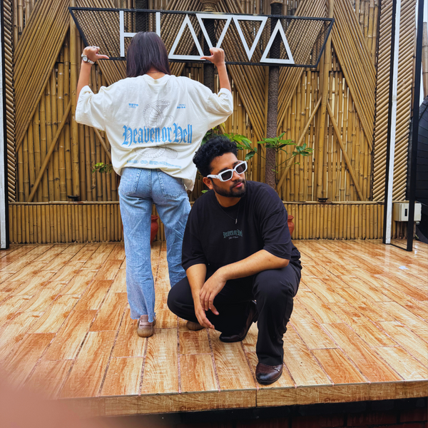 Men’s Off White Oversized Drop Shoulder T-Shirt: Black Elegance with Full DFT Printing